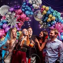 Set de 135 piezas de decoración de arco de bola de discoteca, que incluye globos de bola de discoteca en plata, azul, verde, morado, rosa y dorado, globos de foil de estallido de estrella, adecuado para decoración de fiesta de cumpleaños, década de los 70, 80 y 90, fiesta de disco, regreso a la escuela, Día de San Valentín