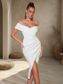 Vestido de cóctel Adyce Pro midi ajustado de cintura alta con abertura, hombros descubiertos, plisado y bajo envolvente para fiesta, cita o noche