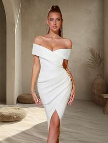 Vestido de cóctel Adyce Pro midi ajustado de cintura alta con abertura, hombros descubiertos, plisado y bajo envolvente para fiesta, cita o noche