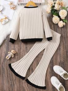 2 件套年轻女孩休闲可爱优雅保暖圆领长袖上衣和蝴蝶结裤套装，秋冬