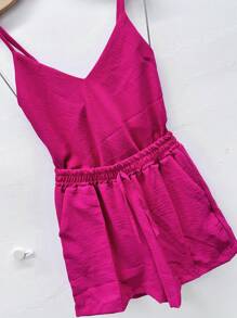 Women's Blouse Sleeve Shorts Set - Hot Pink - View 4