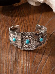 1 Pc Blue Turquoise Acrylic Decor Western Concho Cuff Bangle Statement Bracelet For Women