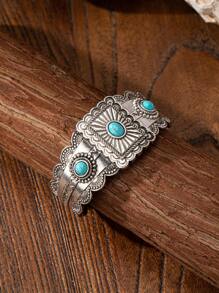 1 Pc Blue Turquoise Acrylic Decor Western Concho Cuff Bangle Statement Bracelet For Women