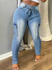 Chicsale Solid Color Elastic Fashion Jeans, Sexy Tight-Fitting Jeans With Pockets And Drawstring, Women's Wear