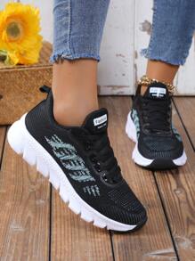 Pantofi de alergare în aer liber, moale, cu talpă în dungi, cu cravată în față, în stil sport în aer liber - Negru - Vizualizare 3