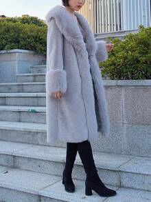 Women's Luxury Solid Color Faux Fur Long Collar Coat, An Ideal Choice For Winter