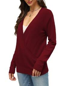 Women's 2024 Deep V-Neck Wrap Sweaters Long Sleeve Front Cross Loose Knitted Pullover Jumper Elegant Fall Winter Tops - Dark Red - 查看 4
