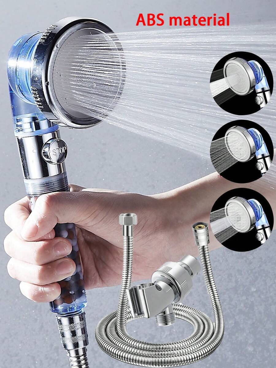 Cabezal de ducha de mano con cuentas filtrantes, tres niveles de presión y un botón de parada del agua, hecho de material ABS - Azul - Ver 1