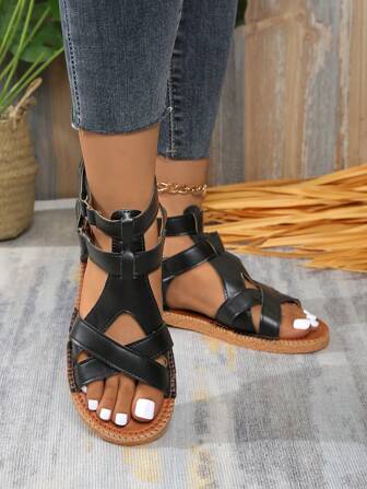 全新夏季韩版时尚百搭复古休闲露趾交叉带露趾透气镂空软底防磨轻便凉鞋，黑色