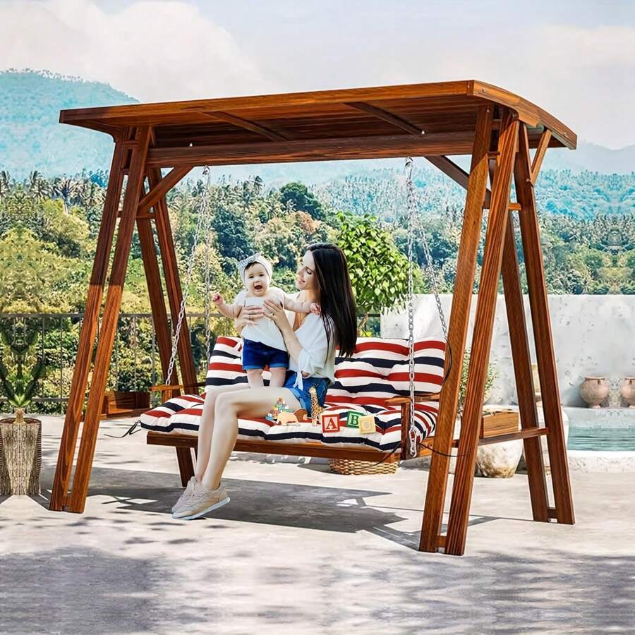 Boho Chic Outdoor Swing Mat, 60x40 Inch - Waterproof Polyester With Back Straps, Hand-Washable Cotton Fill, Fits 2-3 Seater Patio & Garden Furniture, Zippered Cover For All-Season Use, For Winter