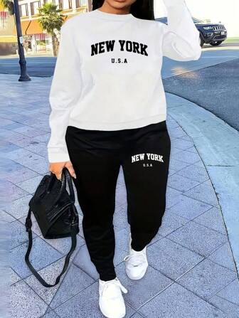 New York USA Printed Women's Casual Sports Sweatshirt Set Autumn And Winter,Chinese New Year, Lunar New Year, Year Of The Year Of The Horse, Spring Festival,Happy New Year , Valentine's Day, Valentine's Gift, Valentine's Day Gift For Her, Valentine's Present