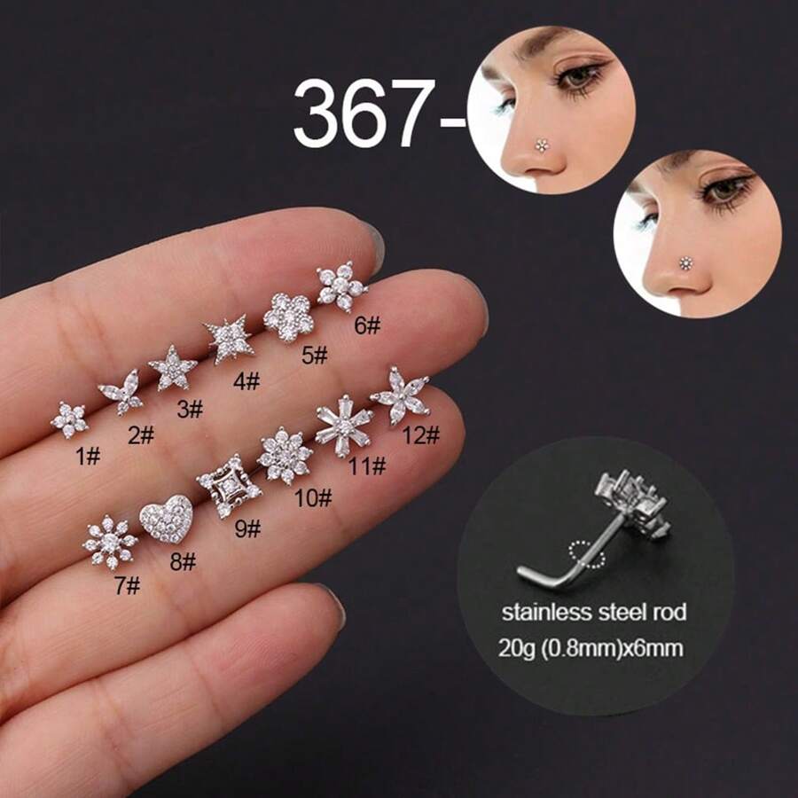 1 件/3 件全新 L 型鼻钉，穿孔鼻环，花朵、心形、蝴蝶、星星、月亮图案，欧洲和中东风格珠宝，极简主义，日常时尚，女友礼物 - 銀色 - 查看 1