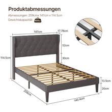 Asofer Giroletto da 140 x 200 cm, moderno giroletto imbottito con testiera con poltrona a orecchioni con bottoni, giroletto con piattaforma e doghe in legno massiccio, contenitore sotto il letto, facile montaggio, Idee per San Valentino