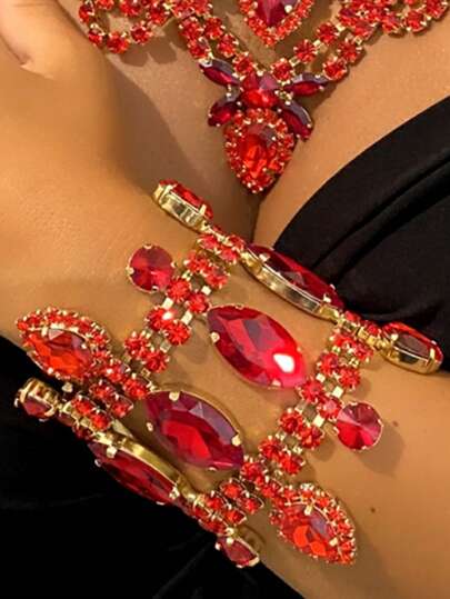 STONEFANS New Red Rhinestone Hiphop Bracelet, Fashionable And Sexy Bling Bracelet Accessory For European And American Style