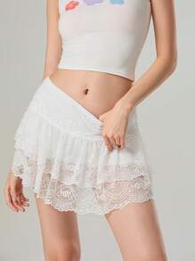 Women's Summer Low Waist Lace Ruffled Solid Color Skirt With Lined Shorts  Soft Flowy For Daily Date Vacation - 白色 - 查看 5