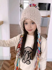 1pc Kids Tassel Braid Knitted Cap, Cute Ear Warmer Princess Beanie Hats For Boys And Girls, Autumn/Winter