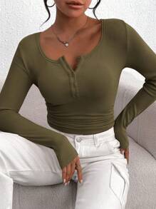 Women's Autumn Long-Sleeved Henry Shirt T-Shirt Button Ribbed Knit Fashion Tight Basic Top Shirt - xanh quân đội - Xem 2