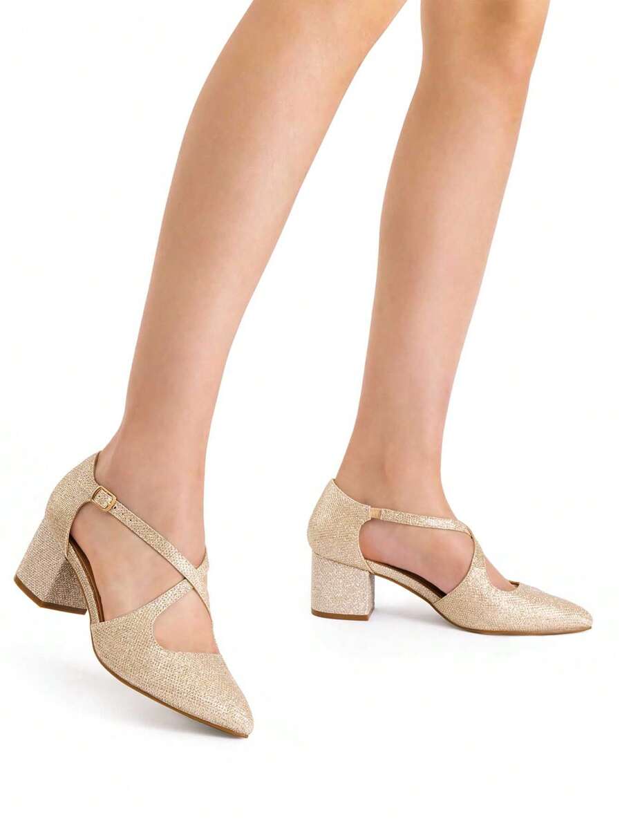Women's Pointed Toe Low Chunky Heels Dress Pumps Cross Strap Block Heel Comfort Elegant Business Party Dance Wedding Shoes - 金色 - 查看 1