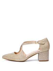 Women's Pointed Toe Low Chunky Heels Dress Pumps Cross Strap Block Heel Comfort Elegant Business Party Dance Wedding Shoes - 金色 - 查看 5