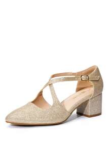 Women's Pointed Toe Low Chunky Heels Dress Pumps Cross Strap Block Heel Comfort Elegant Business Party Dance Wedding Shoes - 金色 - 查看 4