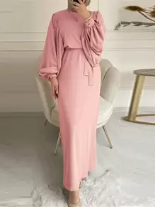 女士优雅纯色圆领灯笼袖长裙，秋季