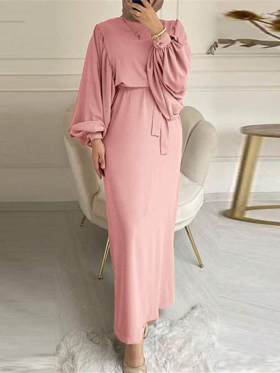 女士优雅纯色圆领灯笼袖长裙，秋季