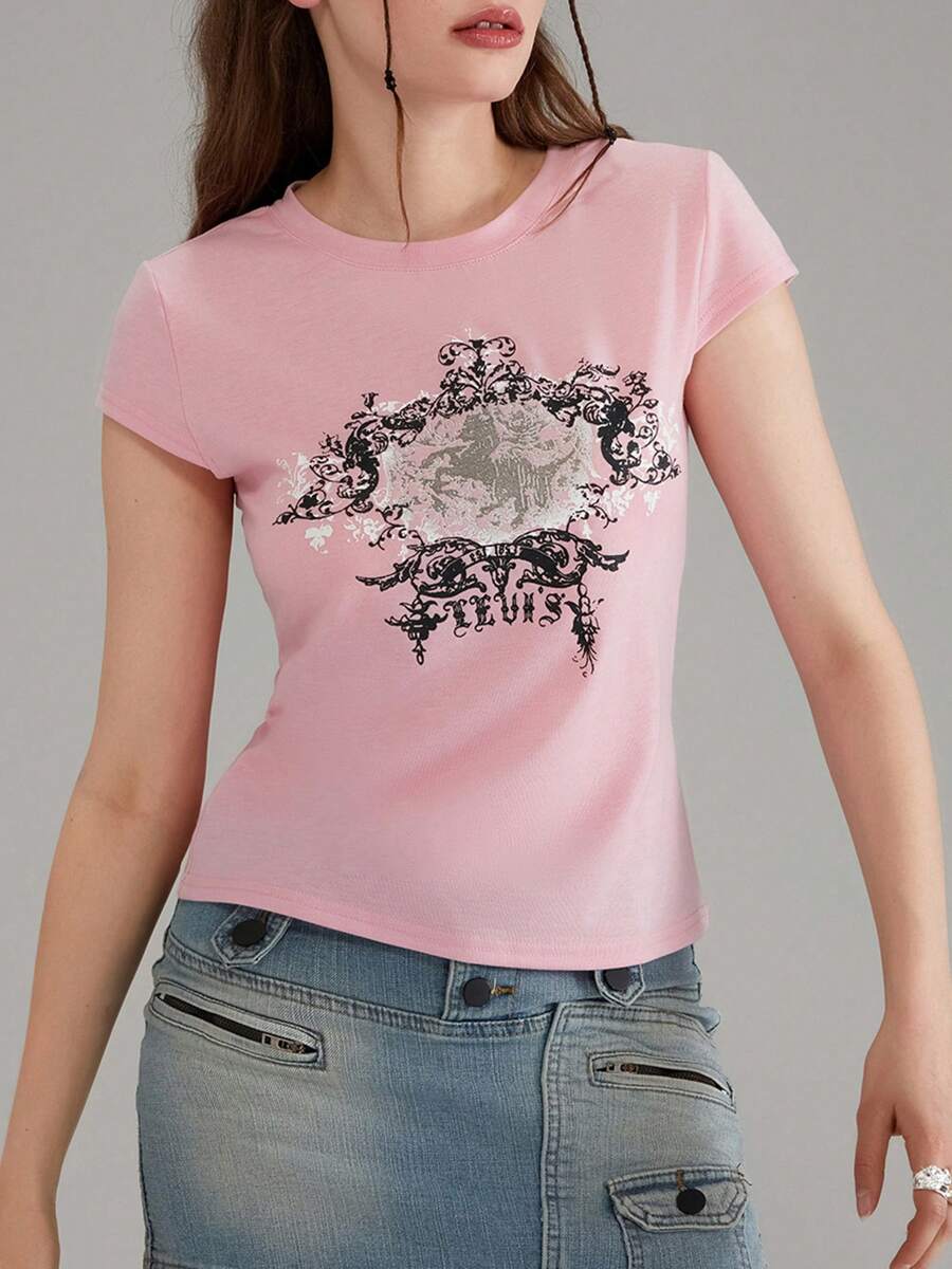 Womens Casual Short Sleeve T-Shirt Vintage Printing Round Neck Exposed Navel Slim Fit Tops - Hồng - Xem 1