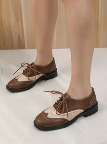 Dames veterschoenen met platte brogues Oxford, vintage kleurblok patchwork loafers, veelzijdige Britse stijl