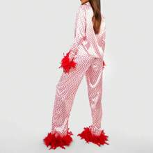 Women's Satin Pajama Set Heart Print Feather Trim Cuff Long Sleeve Button Shirt Long Pants Set Sleepwear Loungewear