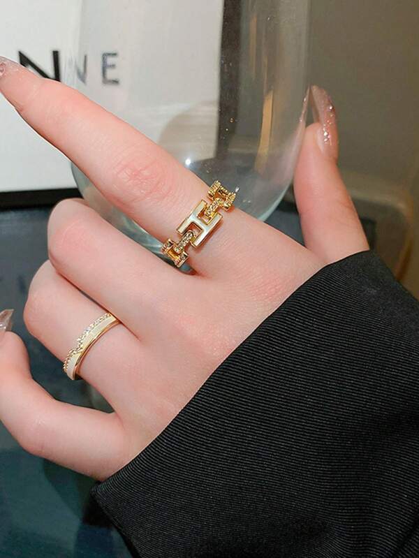 1pc luxuoso esmalte e strass H letra anel ajustável, design geométrico moderno com vibração de alta qualidade para mulheres