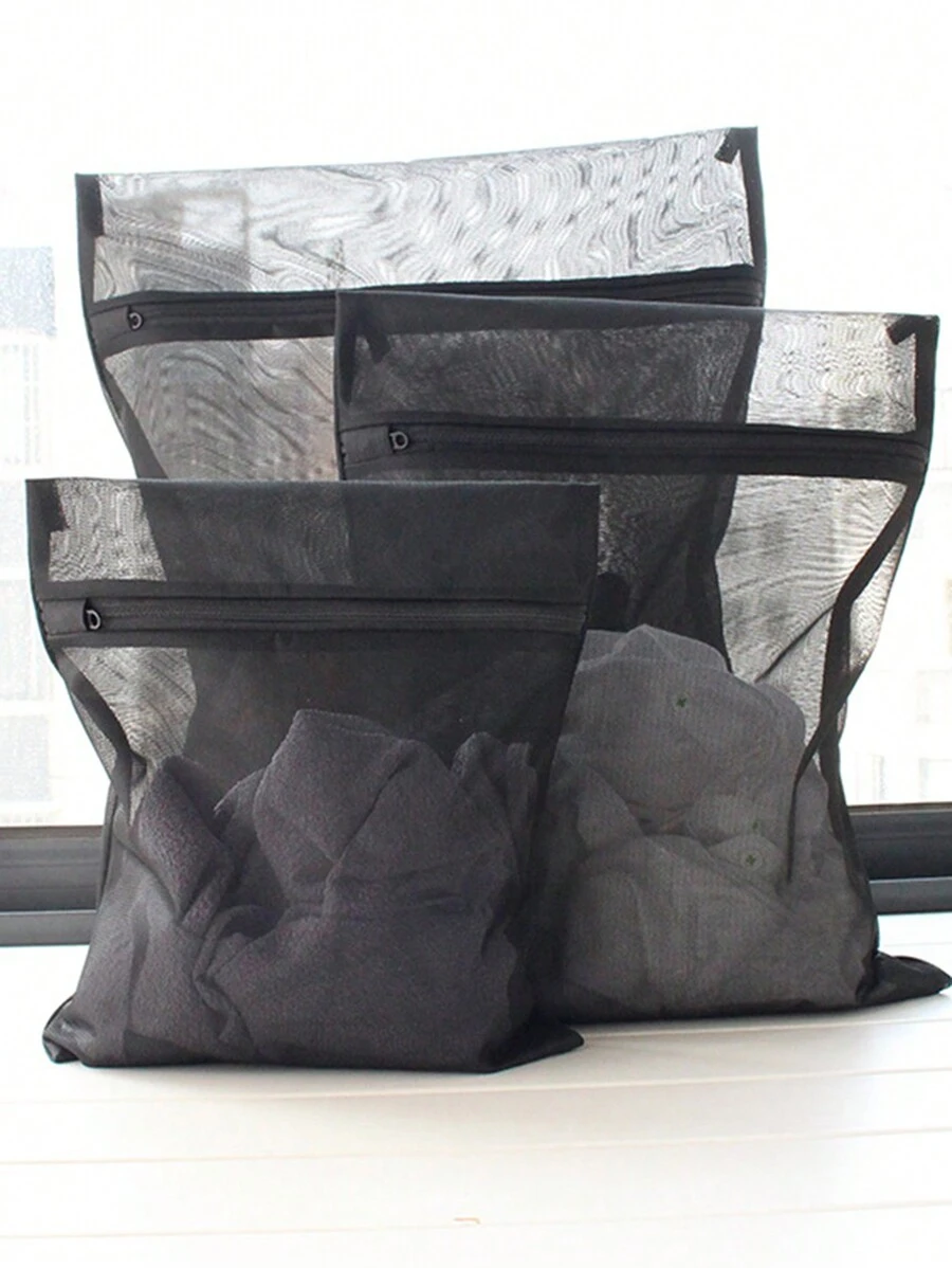 1/3pcs,Black Mesh Bag Laundry Bag Household Machine Washing Clothes Washing Bag, Underwear Bra Washing Bag, Washing Mesh Bag Set Zipper Dress Pants Shoes Jeans Boots Skirt,Spring,Minimalist,Summer Tops - Black - View 1