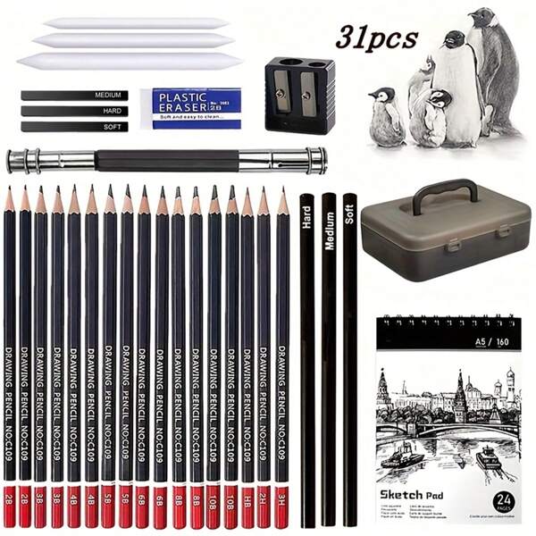Juego de 26/31 piezas de lápices de dibujo profesionales para exteriores y viajes, suministros de pintura artística, el mejor regalo para estudiantes artistas volviendo a la escuela