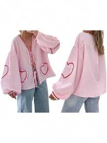 Women Long Sleeve Shirts Heart Embroidery Plaid Front Bowknot Tie-Up Blouses Fashion Spring Summer Casual Tops - 粉色 - 查看 2