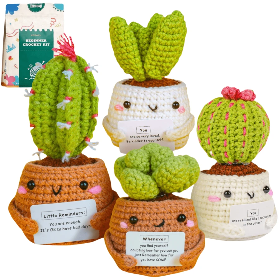 Crochet Kit | Crochet Kit For Beginners | Emotional Support Succulent Crochet Knitting Kit With Step By Step Video Lessons | 4 PC Succulent Crochet Kit With Crochet Accessories(40%+ Yarn)