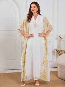 Women's V-Neck Embroidered & Beaded Elegant Arabic Style Dress - White - View 4