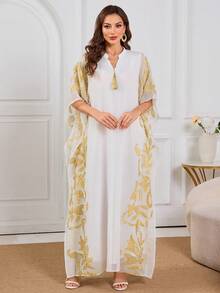 Women's V-Neck Embroidered & Beaded Elegant Arabic Style Dress - White - View 3