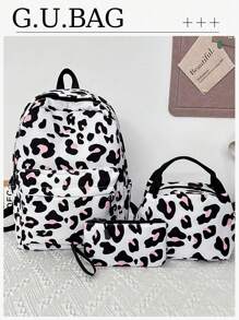 3pcs Women's Leopard Print 3pcs/Set Combination Backpack With Lunch Bag And Pencil Bag, Fashionable Large Capacity Outdoor Travel Backpacks, Cute College Style Back To School Commuter Laptop Bookbag For Middle And High School StudentsSchool Backpack,School Bag,School Bookbag,Big Backpack,Backpack School,Back To School BagsLarge Capacity,Portable,Lightweight, Suitable For Teen Girls Women College Students, Perfect For Back To School,College,Middle School, High School,First Day Of School, Fashion School Backpack With Pencil Case - Pink - View 1