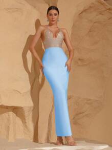 Modphy Colorblock Rhinestone V-Neck Backless Sleeveless Bodycon Maxi Bandage Dress, Sexy Formal Evening Party Gown For Women