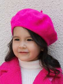 1pc Unisex Children's Solid Color Y2K Style Lightweight Breathable Fashionable Beret Hat, Suitable For Casual Daily Wear - Hot Pink - View 1