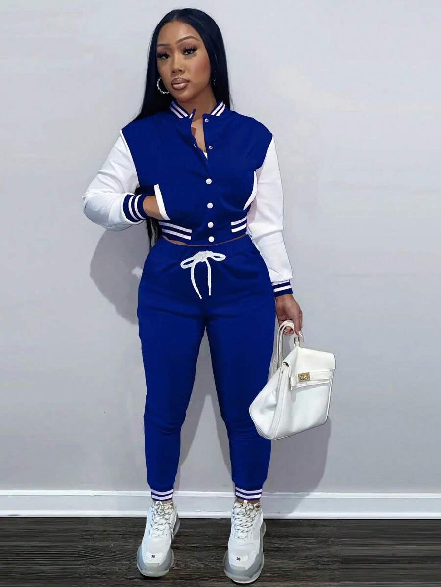 Conjunto de 2 piezas para mujer - Chaqueta de béisbol de un solo botonadura de unicolor y parte superior casual elegante de primavera - blanco azul - Ver 1