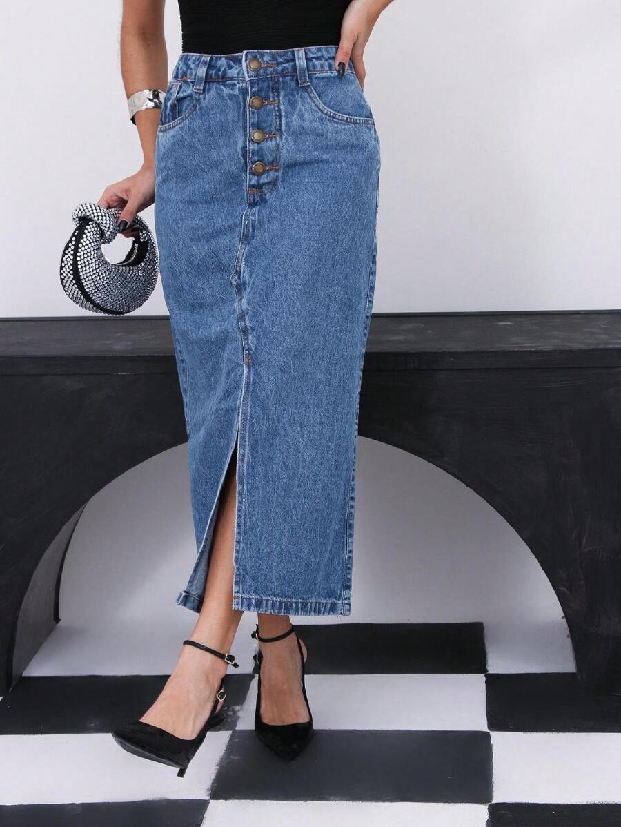 Button Midi Denim Skirt - 深色水洗藍 - 查看 1