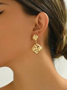 1 Pair Fashionable Punk Style Braided Square Criss-Cross Button Stud Earrings, Suitable For Daily Commute - Yellow Gold - View 4