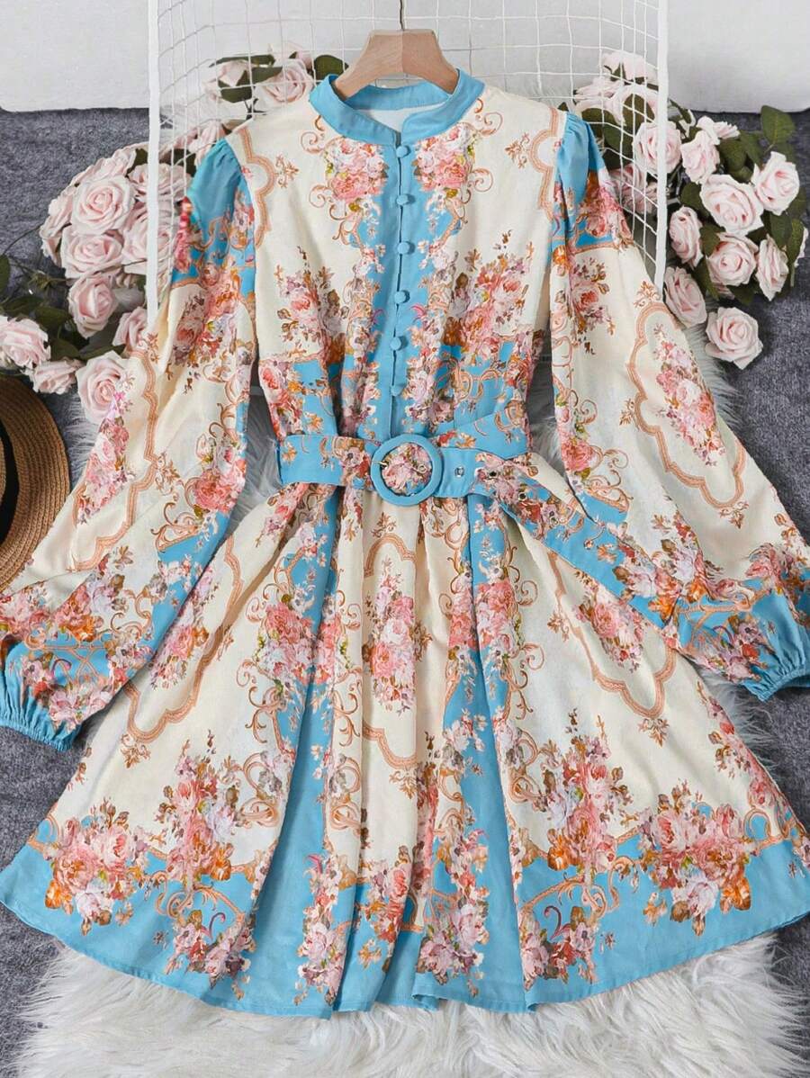 Váy dài vừa phải, cổ tròn, tay lỡ, phong cách Bohemian, cổ điển, thanh lịch, buộc dây, chất lượng cao cho nữ mùa xuân và mùa hè - Màu xanh lam - Xem 1