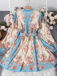 Váy dài vừa phải, cổ tròn, tay lỡ, phong cách Bohemian, cổ điển, thanh lịch, buộc dây, chất lượng cao cho nữ mùa xuân và mùa hè - Màu xanh lam - Xem 2