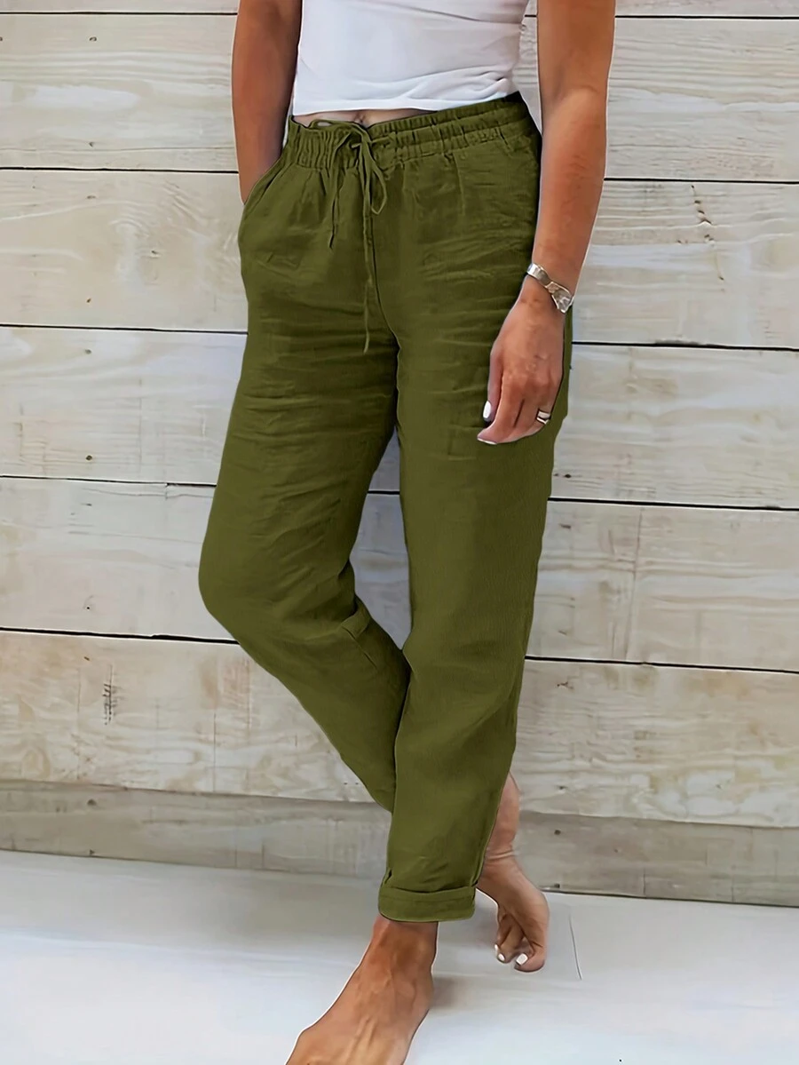 Women's Solid Color Drawstring Elastic Waist Casual Pants, Spring/Summer - Army Green - View 1
