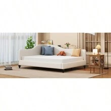 Full Size L-Shaped Linen Daybed With Solid Wood Legs Beige OLD SKU: SF000146AAA