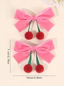 2个樱桃发夹，粉色丝绒蝴蝶结鳄鱼夹，可爱水果发夹，甜美女孩双马尾蝴蝶结发夹，优雅发卡，青少年发饰 - 粉色 - 查看 6