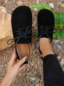 女士平底休闲鞋，复古风格系带平底鞋，舒适一脚蹬圆头鞋，适合所有季节的百搭女士乐福鞋 - 黑色 - 查看 17