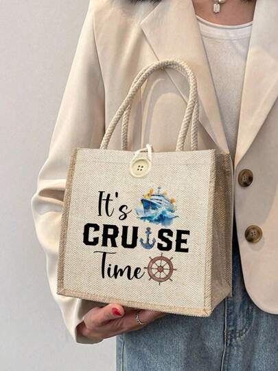 Cruise Themed Linen Tote Bag, Lightweight Foldable Storage Bag, Gift For Friends And Besties, Gift For Mother, Suitable For Personal Travel Cosmetics, Shopping Bag, Large Capacity Storage, Travel Shopping Bag, Friday Festival Winter