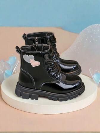 1 Pair Girls' Heart Design Thermal Lined Thick Winter Boots With Side Zipper